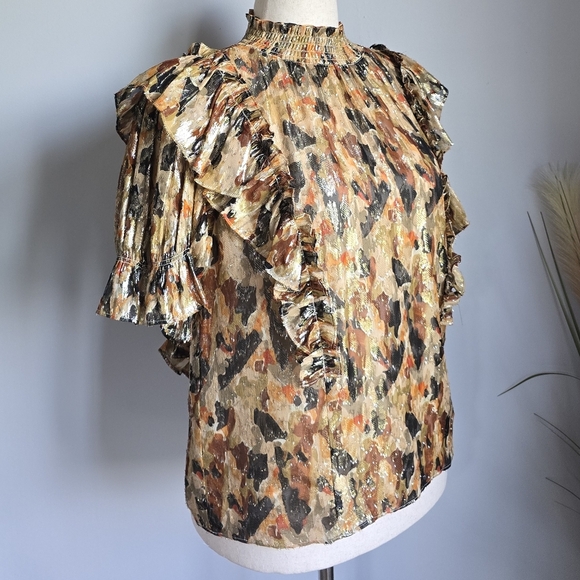 BA&SH New Gilda Silk Metallic Ochre Ruffle Abstract Lady Blouse Top SZ Small - Picture 4 of 16